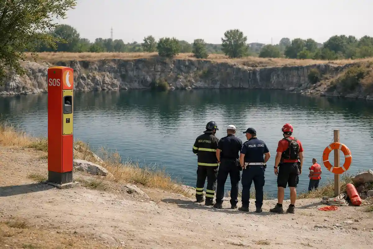 Colonnina SOS e soccorritori sulla riva di un lago di cava con salvagente e attrezzatura di recupero
