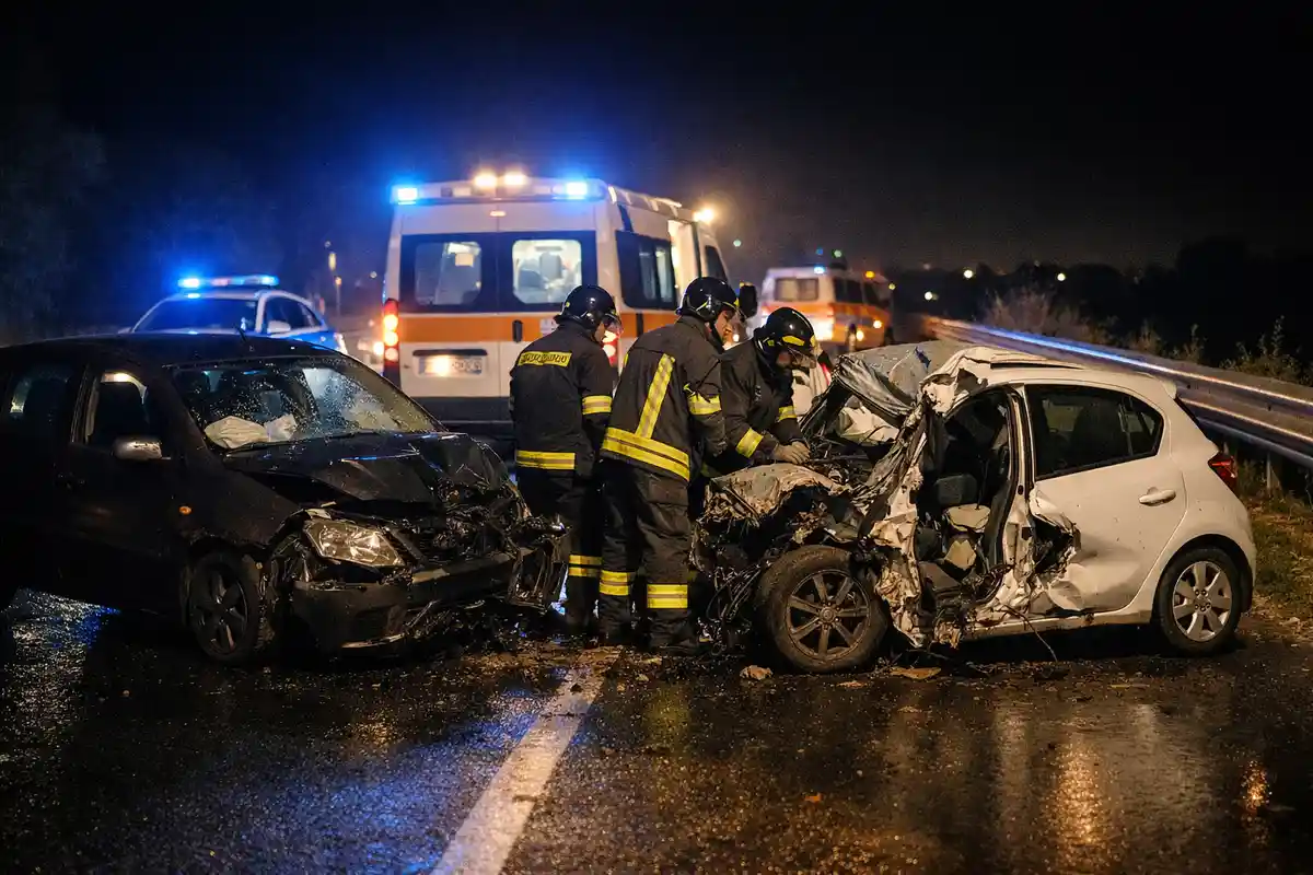 Vigili del fuoco tra due auto distrutte dopo un incidente notturno, con ambulanza e luci blu sullo sfondo