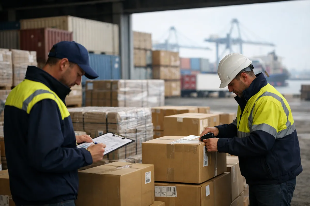 Due addetti alla logistica controllano documenti e scansionano scatole in un terminal portuale con container sullo sfondo