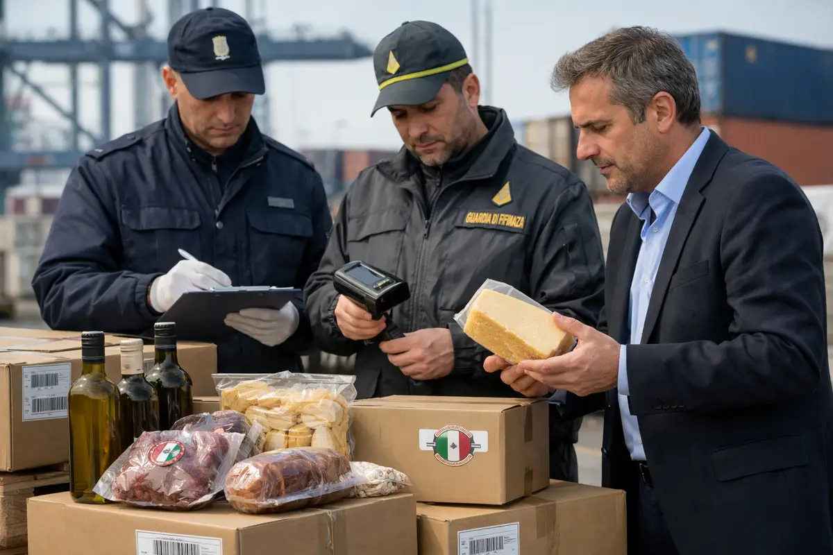 Controllo doganale su prodotti alimentari italiani con scanner e documenti in area portuale, tra scatole e container