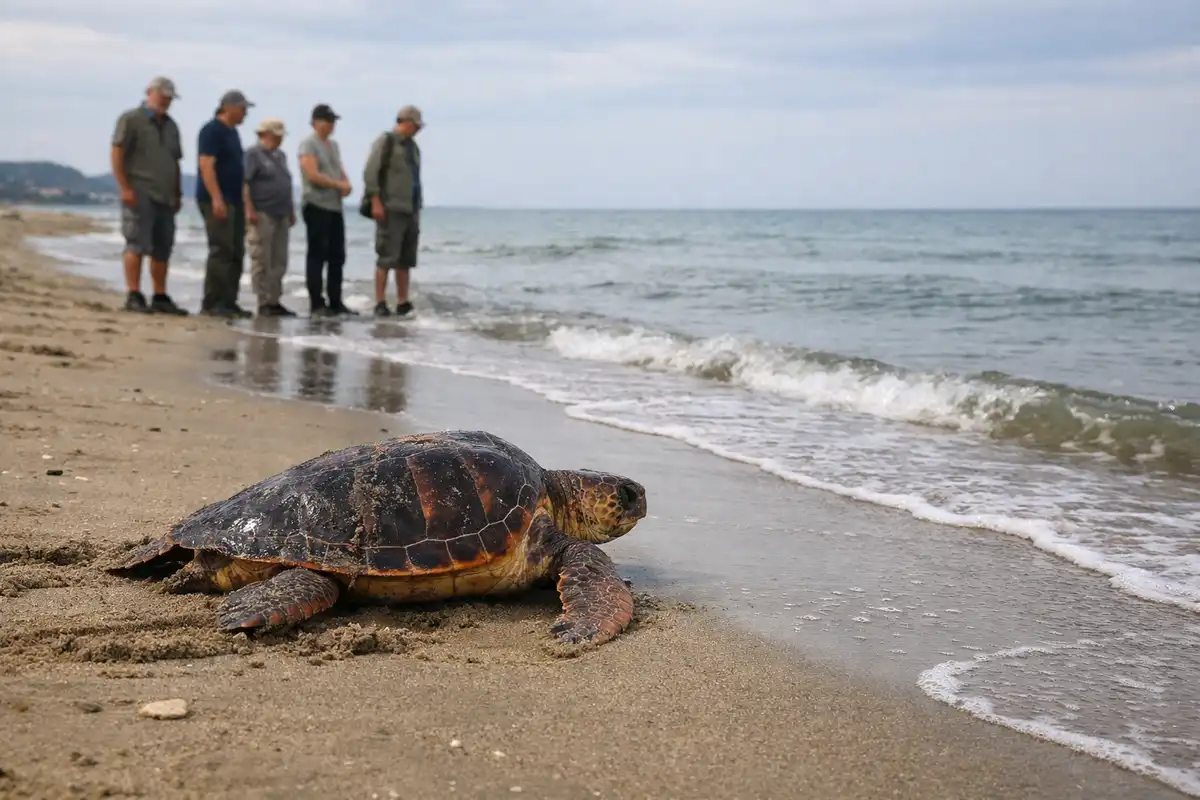 Tartaruga marina sulla sabbia bagnata vicino alla battigia, con alcuni soccorritori sullo sfondo