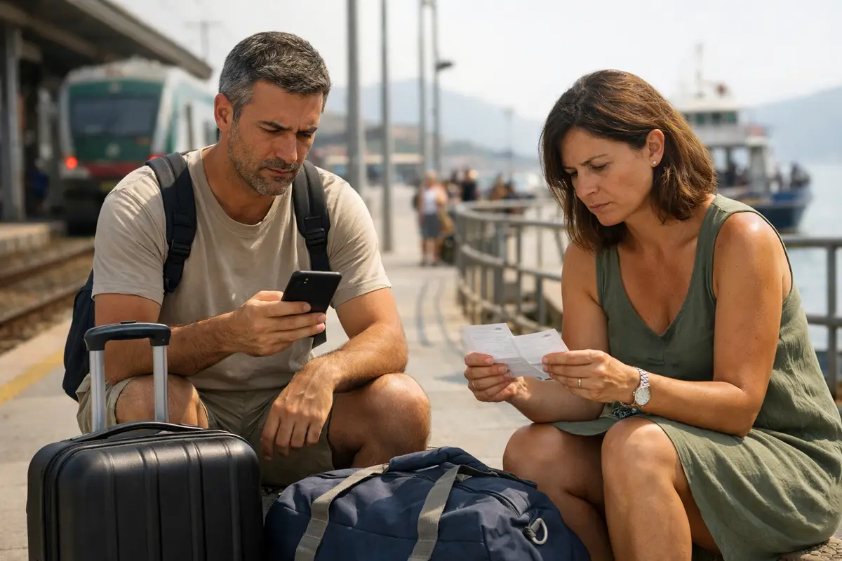Coppia seduta in stazione con valigia e borsa, controlla smartphone e biglietti con aria preoccupata
