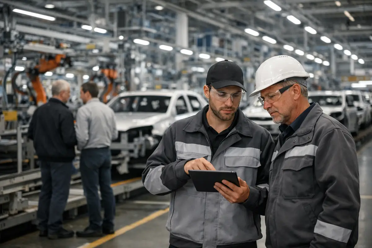 Operai in fabbrica automobilistica controllano un tablet accanto alla linea di assemblaggio con auto in produzione