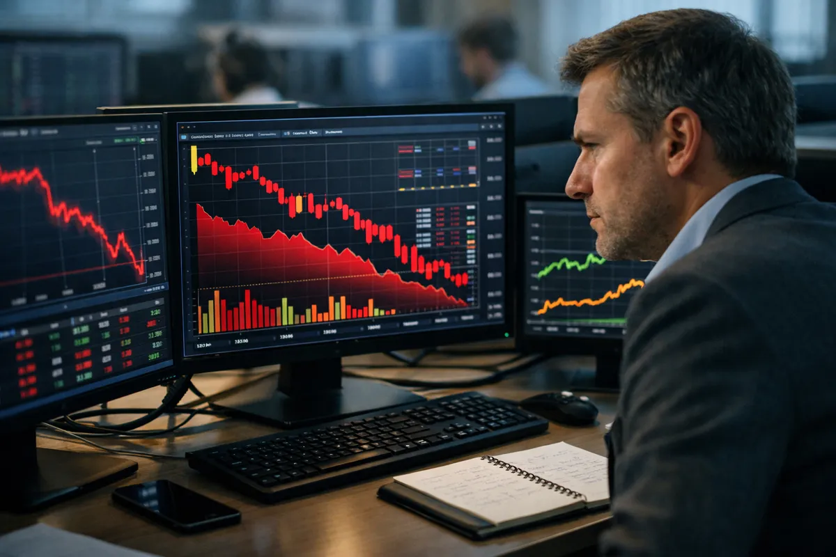 Analista davanti a tre monitor con grafici in rosso in calo e curve verdi in rialzo in una sala trading