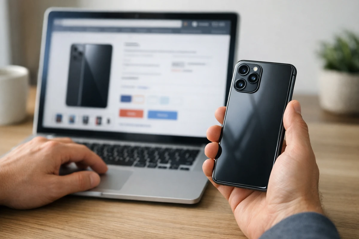 Mano che tiene uno smartphone nero con tripla fotocamera davanti a un laptop con pagina di acquisto sfocata
